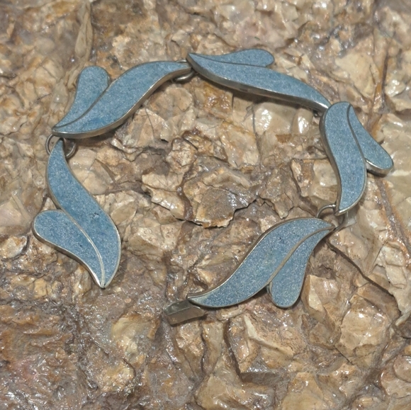 Vintage Taxco ER Sterling Crushed Denim Lapis Panel Link Bracelet 7.75" - Picture 2 of 13